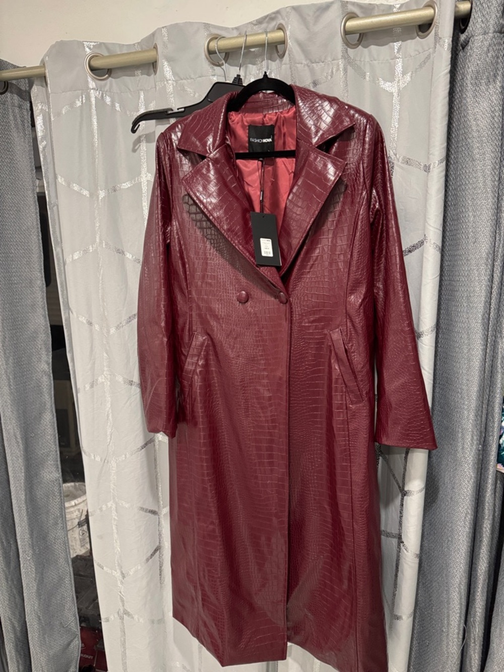 Fashion Nova Burgundy Faux Croc Long Trench Coat
